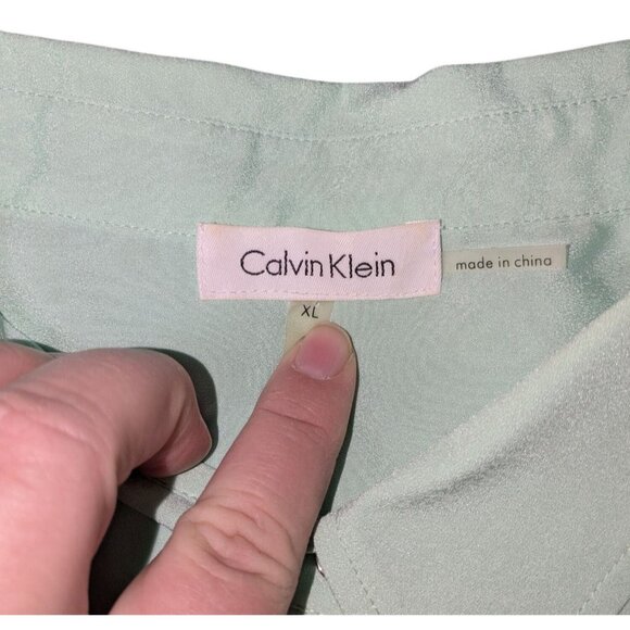 Calvin Klein Women's Mint Green Button-Up Blouse Roll Tab Sleeve Chest Pocket XL - Picture 2 of 12